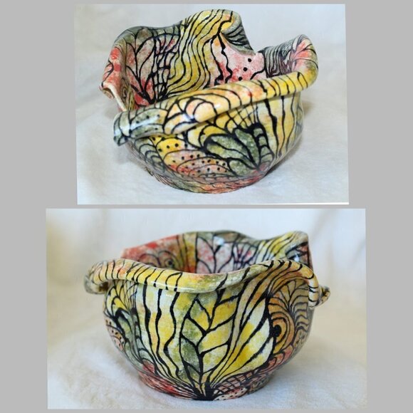 Multicolor original ceramic art pottery Asymmetrical bowl colorful unique shape - Picture 1 of 16